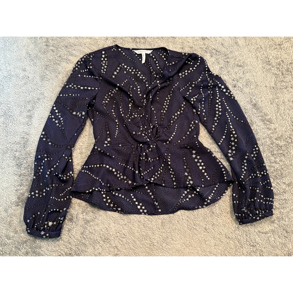 BCBGeneration Blouse Womens Small Rouche Button Long Sleeve Blue Stars Sheer